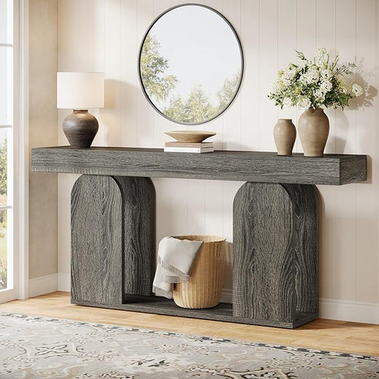 Tribesigns 70.9-Inch Extra Long Sofa Table, Farmhouse Console Tables with Wood Frame and Storage Shelf, 2-Tier Wood Table Behind Couch for Living Room, Hallway, Foyer, Light Brown (Dark Gray)