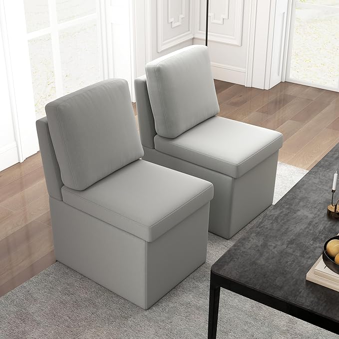 VKNOW Upholstered Dining Chairs Set of 4, Modern Kitchen Chairs with Storage, Linen Armchair Dining Room Chair for Kitchen Dining Room Office Bedroom, Light Grey