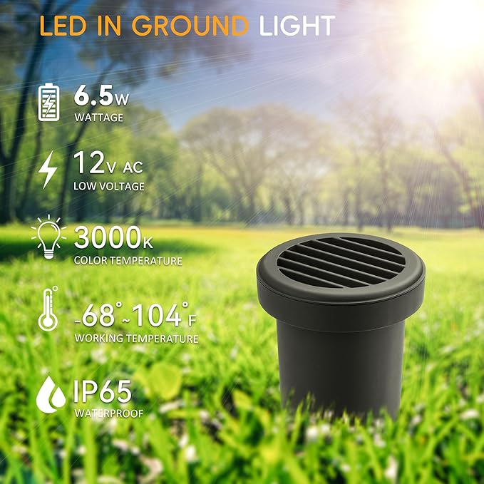 5 Inch 6.5W Low Voltage Under Ground Light, Outdoor In-ground Lighting with Grated Top, 12V 3000K Warm White Waterproof LED Lights for Garden Fence Pathway Deck Driveway Walkway, 6 Pack