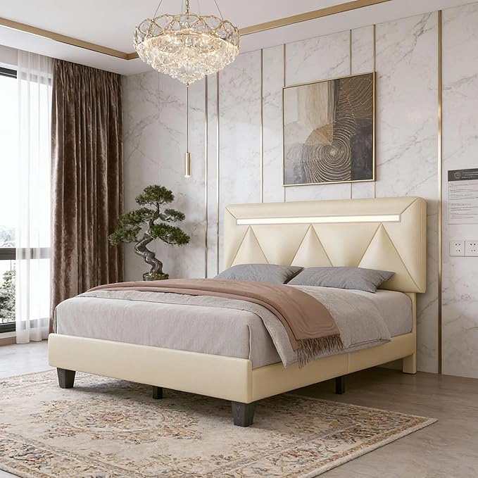 Full Size Bed Frame with Bluetooth Speaker, LED Lights and Charging Station, Faux Leather Linen Fabric Adjustable Headboard,Modern Upholstered Bed, Wood Slat Support, Easy Assemble, Beige