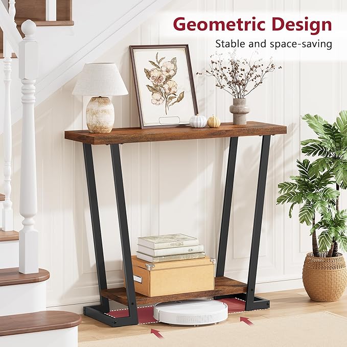 Tajsoon 2 Tier Narrow Console Table Rustic, 31.5'' Industrail Entryway Table with Storage, Thin Sofa Table with Gemometric Frame for Hallway, Living Room, Foyer, Entrance, Rustic Brown