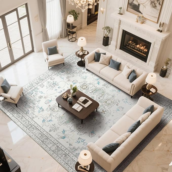 8x10 Soft Washable Area Rugs for Living Room and Bedroom, Non-Slip Stain Resistant Indoor Carpet, Cozy Floor Mat for Dining Room, Office, Under TableStain Resistant Green Floral