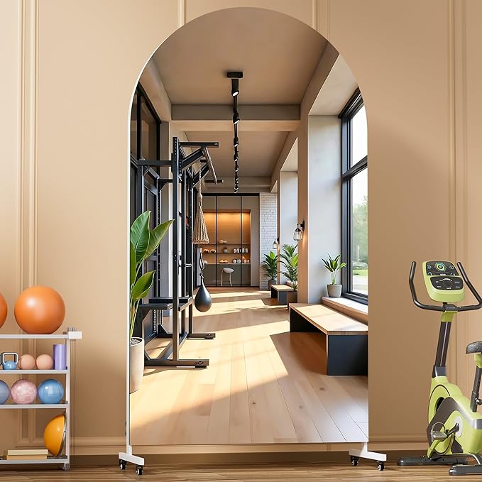 Hasipu 75" x 40" Arched Rolling Home Gym Mirror with Wheels, 360° Swivel Body Mirror with HD Tempered Glass, Large Floor Mirror for Yoga Room, Dance Studio, Bedroom & Home Gym