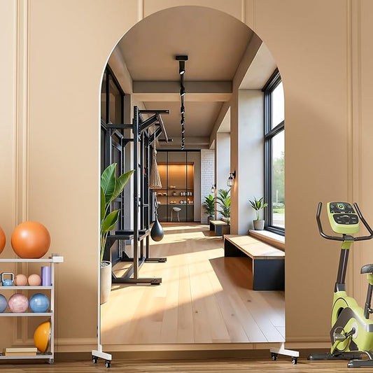 Hasipu 75" x 40" Arched Rolling Home Gym Mirror with Wheels, 360° Swivel Body Mirror with HD Tempered Glass, Large Floor Mirror for Yoga Room, Dance Studio, Bedroom & Home Gym