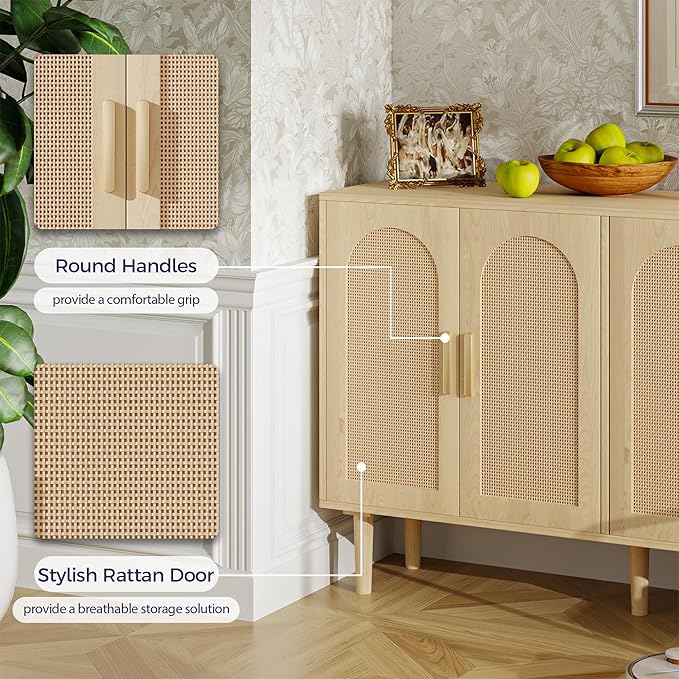 4-Door Rattan Sideboard Buffet Cabinet, 47" Large Storage Cabinet with Shleves, Wood Modern Accent Credenza Kitchen Table for Dining Room, Living Room & Entryway, Natural