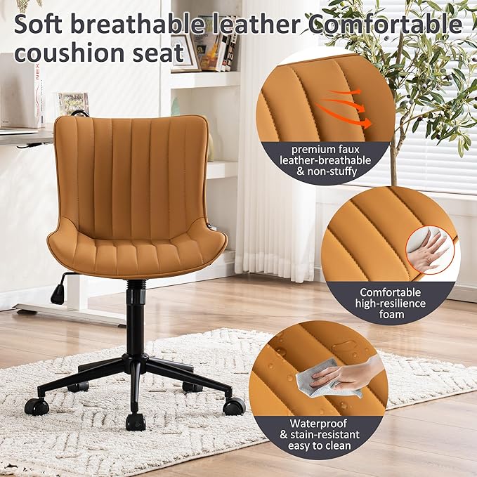 Kidol & Shellder Tan Leather Home Office Desk Chair with Wheels Modern Cute Armless Executive Swivel Vanity Chair with Comfy Padded Back Ergonomic Rolling Adjustable Computer Task Chair Small