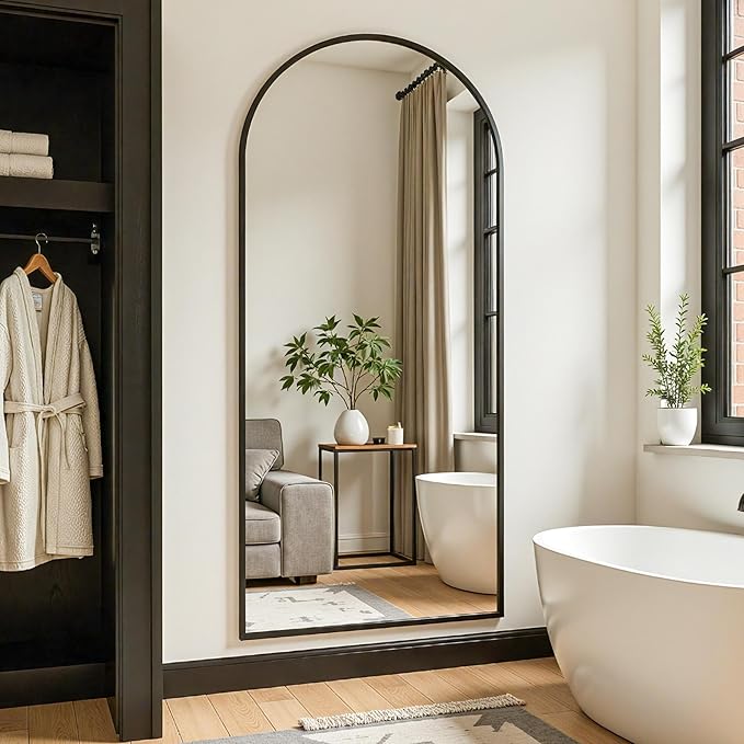 Full Length Mirror, 71"x32" Arched Full Body Mirror, Floor Mirrors with Stand, Body Mirrors Standing Hanging Leaning Against Wall,Aluminum Frame Mirrors for Bedroom Cloakroom,Living Room,Black
