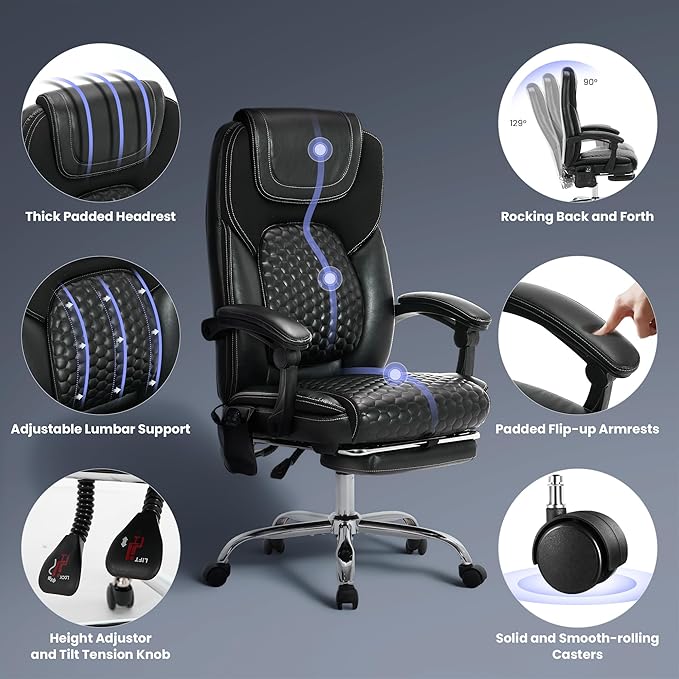 Massage Executive Office Chair 2-Pack with Heat and Footrest, Ergonomic Reclining Leather Desk Chair with Wheels, High-Back Big and Tall Computer Chair for Home Office, Study, Gaming, Black, 300 lbs