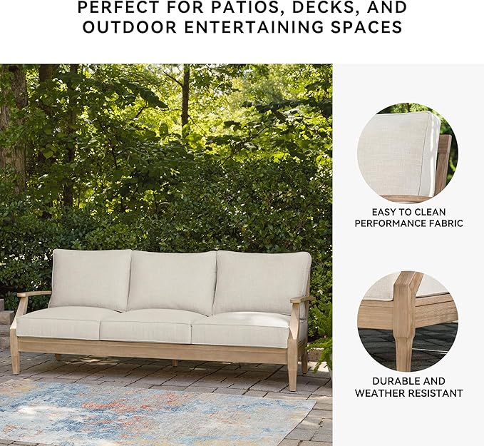 Signature Design by Ashley Carter Hall Outdoor Eucalyptus Wood Patio Sofa – Cushioned with UV-Resistant Nuvella Fabric, 5-Step Protective Finish, Beige