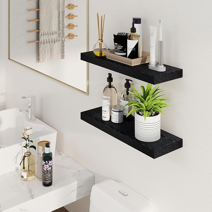 Fun Memories Floating Shelves for Wall, 24Inch Floating Shelves Set of 2, Hanging Shelf with Invisible Brackets, Wood Shelves for Living Room, Bedroom, Kitchen, Black