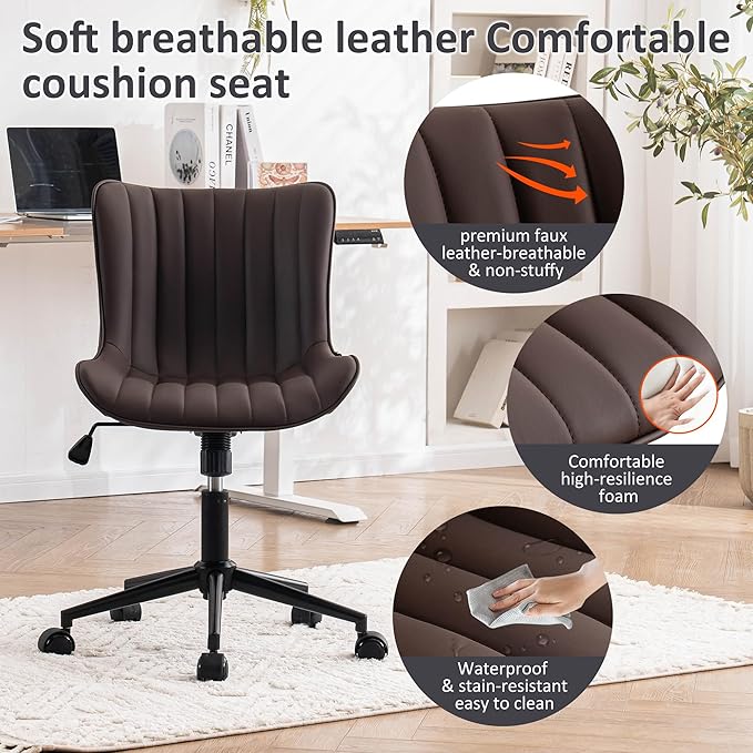 Kidol & Shellder Brown Leather Home Office Desk Chair with Wheels Modern Cute Armless Executive Swivel Vanity Chair with Comfy Padded Back Ergonomic Rolling Adjustable Computer Task Chair Small