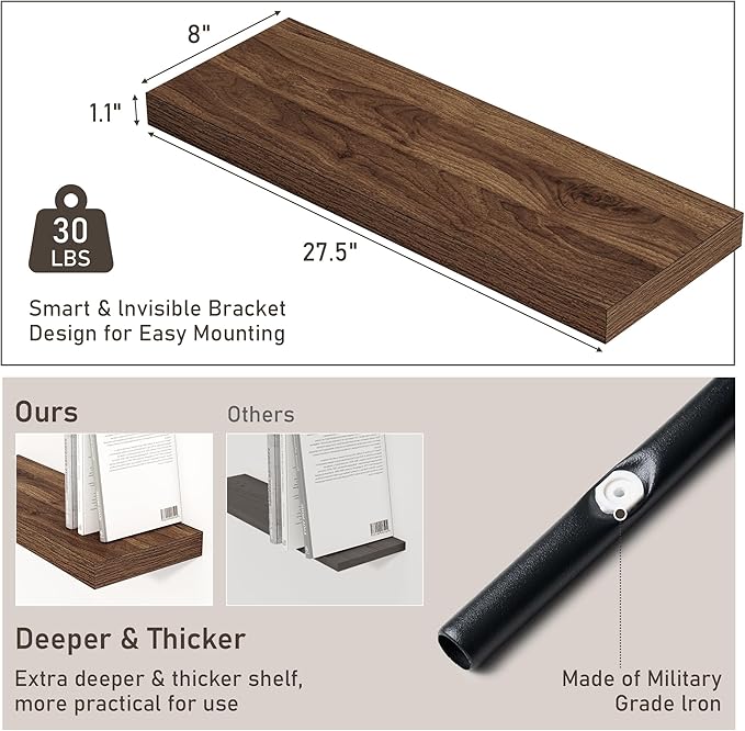 Fun Memories Floating Shelves for Wall Set of 2, 28 Inch Long Floating Shelves for Home Decor, Rustic Wood Wall Mounted Shelf, Hanging Deep Shelf for Living Room, Bedroom, Bathroom, Kitchen, Walnut