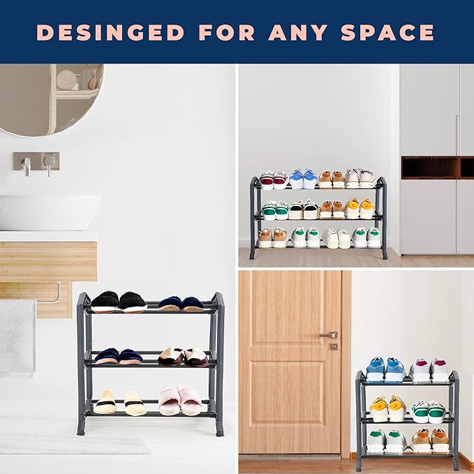 happhom 3-Tier Expandable Shoe Organizer, Space Saver Shelf with Smart Design, Small Shoe Rack for Entryway, Cabinet and Small Spaces, Dark Grey (CSR-02)