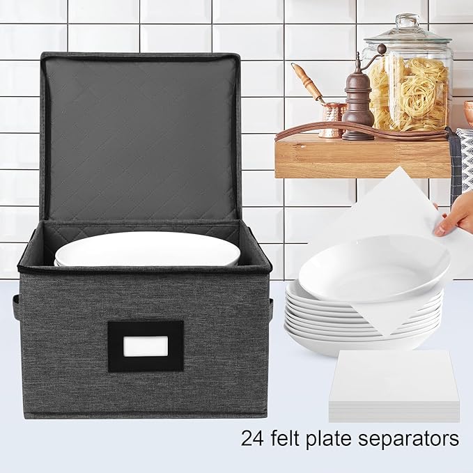 Mayniu China Storage Containers Hard Shell, 12" Plate Storage Containers for Dishes, Stackable Dinnerware Storage with 24 Felt Dividers (2 Pack Black)