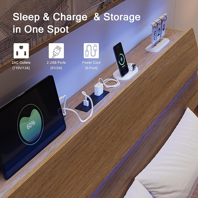 King Size Bed Frame with LED Headboard, Floating Bed Frame with Charging Station USB and V-Shaped Support, No Box Spring Needed, Noise Free, Easy Assembly, Walnut
