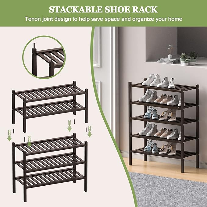 3 Tier (Thick) Bamboo Shoe Rack for Closet Free Standing Wood Shoe Shelf for Entryway Small Space Stackable 27"x12"x21" (Black Brown)