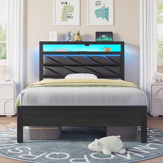 Seventable Twin Bed Frame with Charging Station & LED Lights, Upholstered Headboard with 2-Tier Storage Shelves, Metal Platform with Under Bed Storage, No Box Spring Needed, Easy Assembly, Black