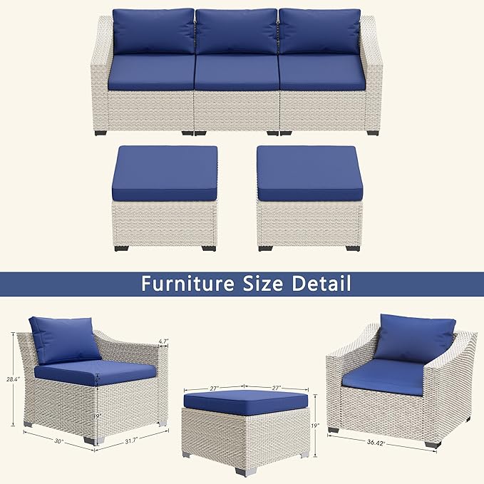 LHBcraft Patio Conversation Set Rattan Outdoor Sectional Furniture Sofa Set Wicker Couch with Coffee Table and Cushions for Poolside, Backyard (White-Blue, 5-PCS)