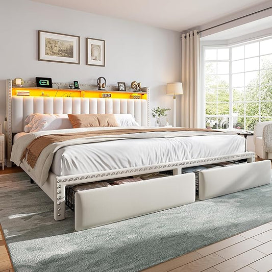 EnHomee King Size Bed Frame with 2 Storage Drawers, Upholstered Platform Bed with LED Lights and Charging Station, Sturdy Wooden Slats Support, No Box Spring Needed, Noise Free, Beige