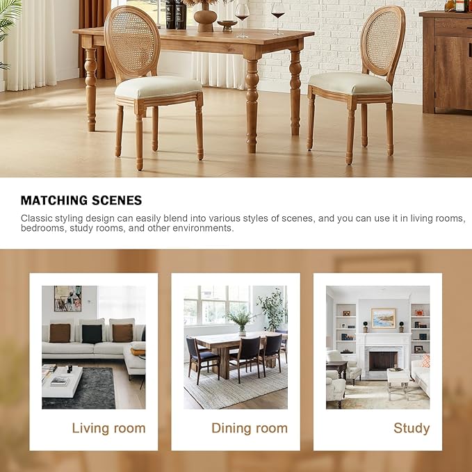 Nrizc French Country Dining Chair Set of 2, Vintage Chic, Upholstered and Carved Wooden Frames, Beige Linen Fabric, Lightweight and Sturdy, Ideal for Dining Room, Kitchen, Living Room, Bedroom