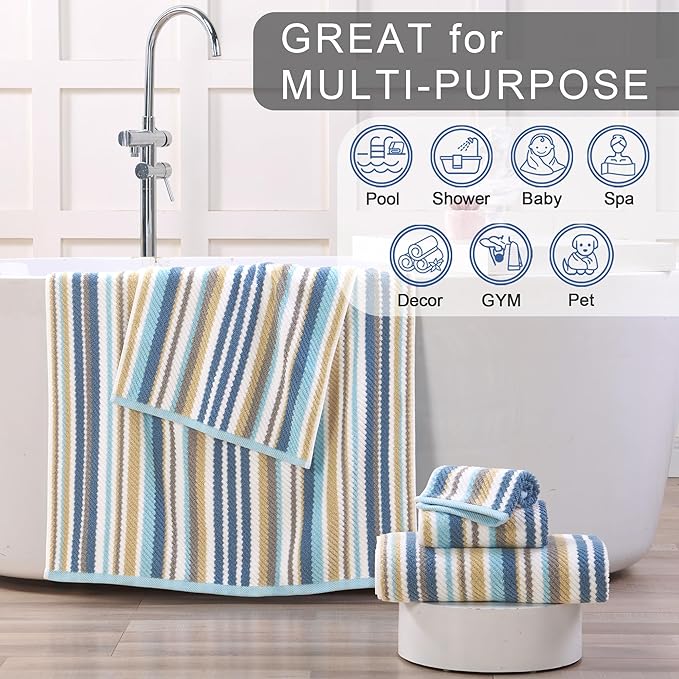 Striped Towels Set, 6PC Bathroom Towels - 100% Cotton | Quick Dry | Soft | Absorbent, 2 Bath 28"x52", 2 Hand 16"x27", 2 Face 13"x13", Luxury Bath Towels with Hanging loops, Blue+Gray+Beige Stripe