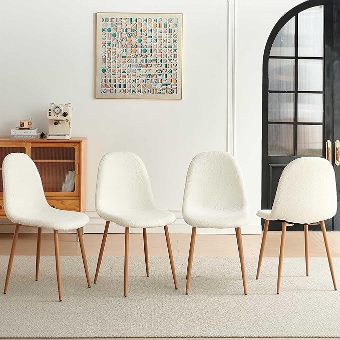 Howtek Mid-Century Modern Dining Chairs Set of 4, Plush White Teddy Fleece Upholstered Kitchen Side Chairs with Backrest & Metal Legs for Dining Room, Living Room, Apartment
