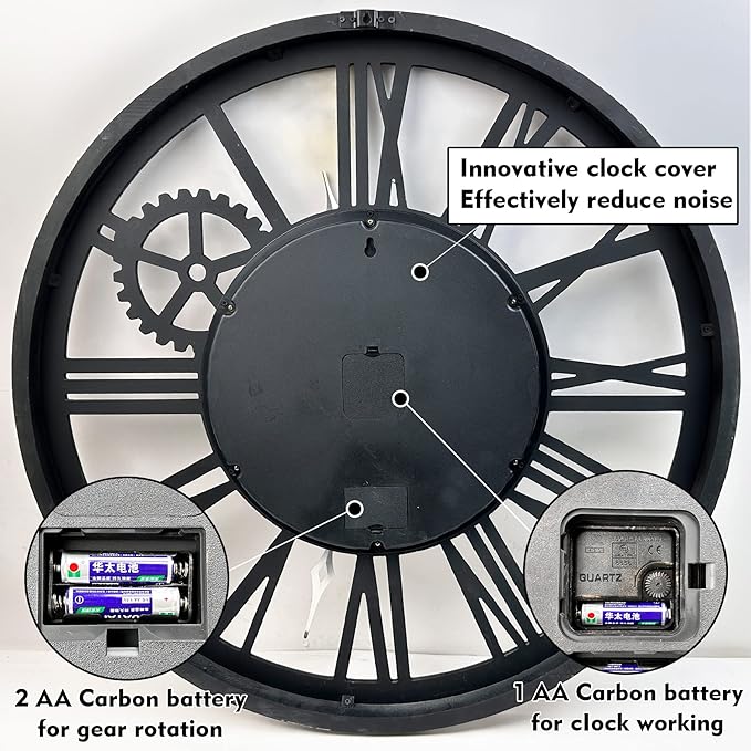 The B-Style Large Wall Clock 24 inch Moving Gear Wall Clock Oversized Vintage Farmhouse Wall Clocks for Living Room Decor Rustic Industrial Wood Clock (Gray White and Bronze Gears, 30 inch/76cm)