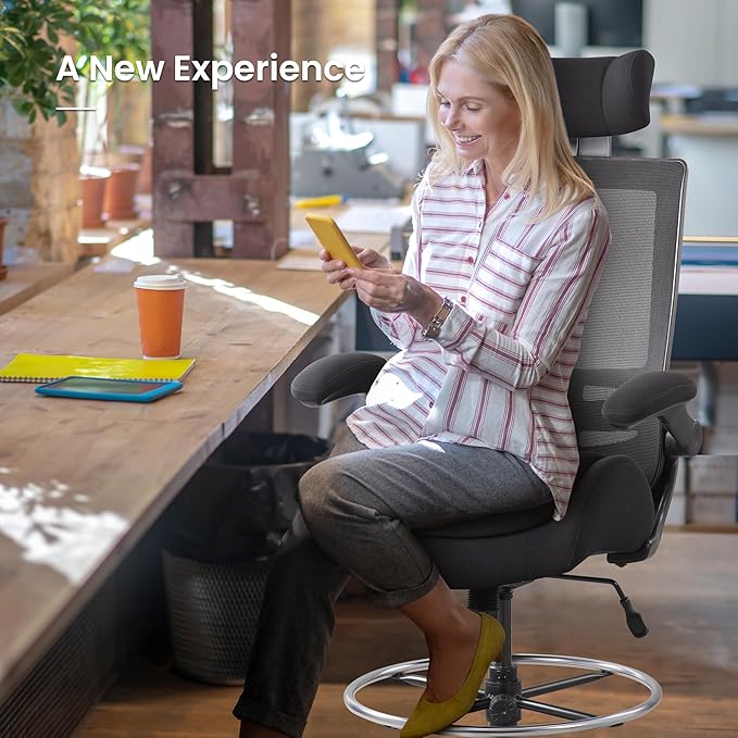 BOLISS 400lbs High Back Computer Office Drafting Chair Double Seat-Cushion Flip up Armrests Lumbar Support Adjustable Big Footrest Ring (Black)