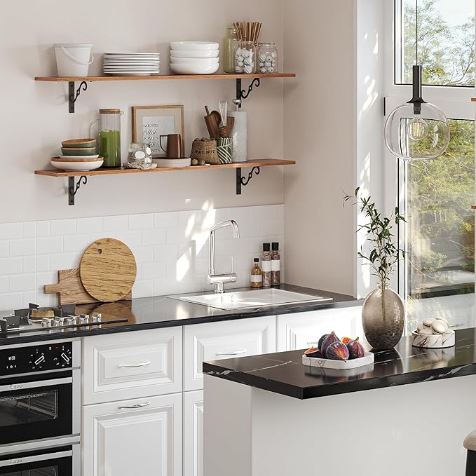 DINZI LVJ Long Wall Shelves, 55.1" Large Floating Shelves Set of 2, Farmhouse Display Shelf Wall Mounted with Heavy Duty Brackets, Easy Assembly for Kitchen, Bathroom, Bedroom, Balcony, Rustic Brown