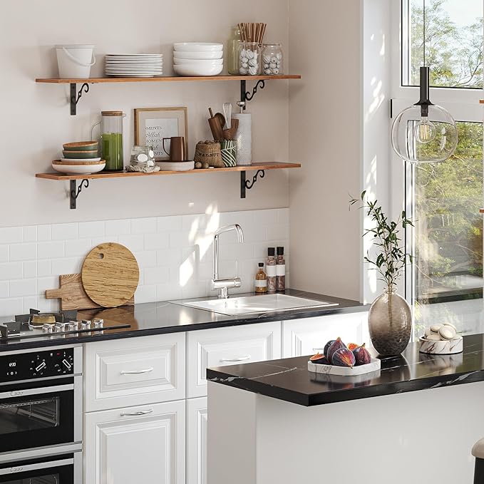 DINZI LVJ Long Wall Shelves, 47.3" Large Floating Shelves Set of 2, Farmhouse Display Shelf Wall Mounted with Heavy Duty Brackets, Easy Assembly for Kitchen, Bathroom, Bedroom, Balcony, Rustic Brown