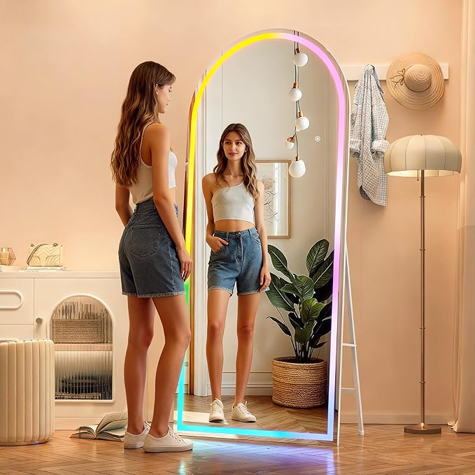 Hasipu 70.8" x 31.4" Arch LED RGB Bluetooth Full Length Mirror with Stand ＆ 7 Color Lighting Modes, Full Body Mirror with White Frame for Bedroom, Living Room, Dressing Room