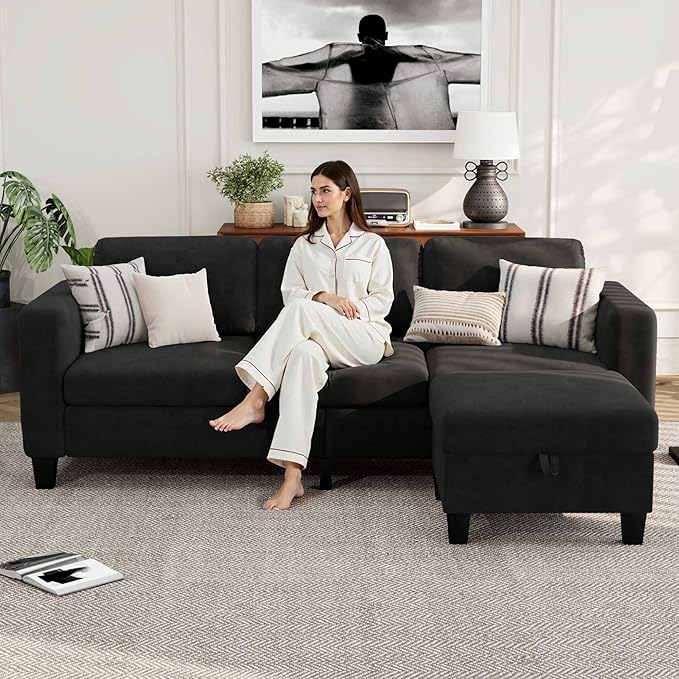 Small Sectional Couch, L Shaped Sectional Black Couch in a Box, Small Couches with Ottoman, 3 Seater Sofa for Living Room, Apartment, Dorm, Office