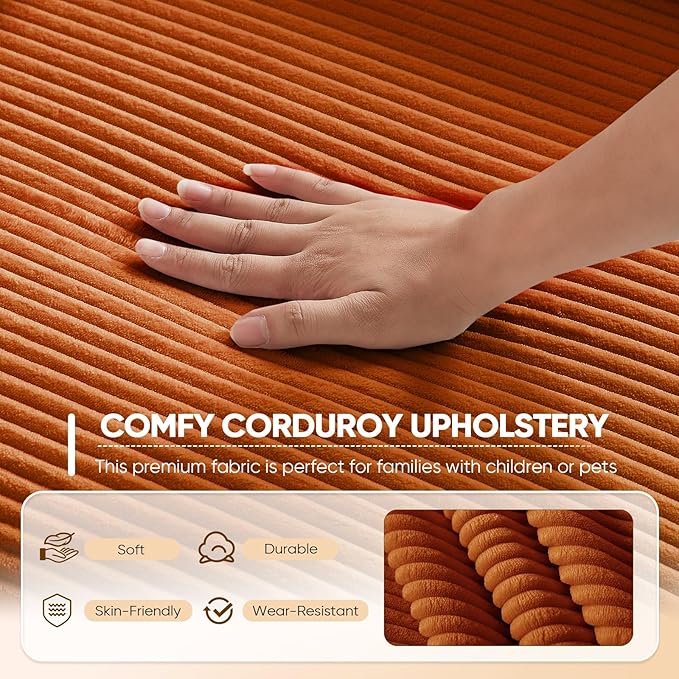 Antetek Convertible Sofa Bed, Comfy Corduroy Fluffy Love seat Sleeper Sofa, 5 in 1 Folding Couch Bed, Fold Out Floor Couch with Pillows for Bedroom, Living Room, Office, Pinstripe, Orange