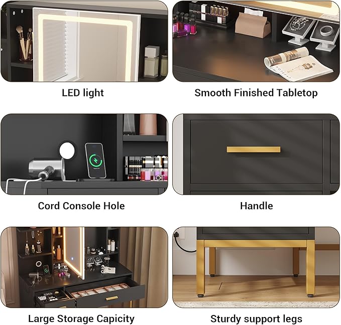 IDEALHOUSE Vanity Desk with Mirror and Lights, 42.5" Makeup Vanity Set with Stool, Makeup Table with Mirror Cabinet and Chair, Drawers & Shelves, Dressing Table with Outlet for Bedroom, Black