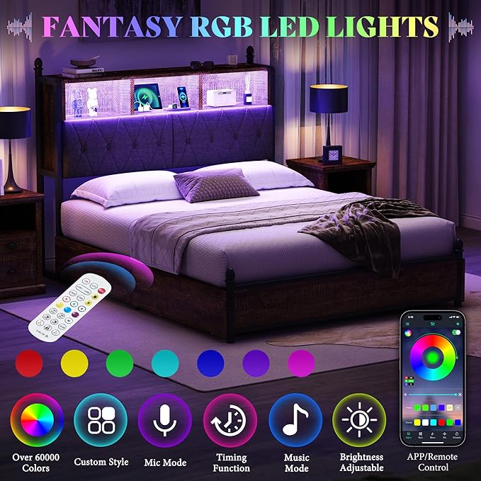 AMERLIFE Full Size Bed Frame with Bookcase Headboard, 4 Storage Drawers, Wooden Platform Bed with Charging Station & LED Light, No Box Spring Needed, Noise-Free, Rustic Brown