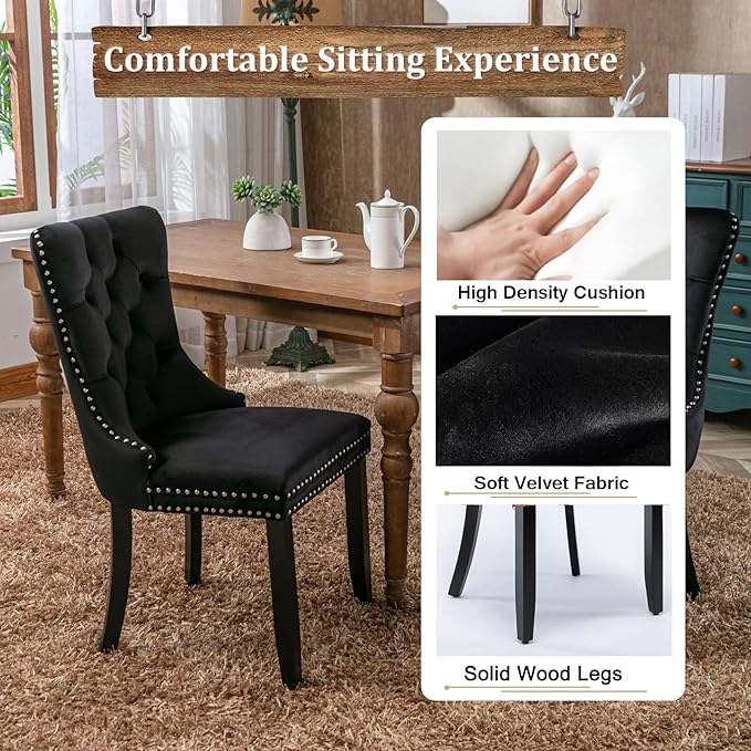 Goujxcy 78.7" Farmhouse Extendable Dining Room Table Set for 4, 5-Piece Rectangle Kitchen Dining Room Table Set with Wood Base and 4 Black Velvet Dining Chairs, Extending Kitchen & Dining Table Set