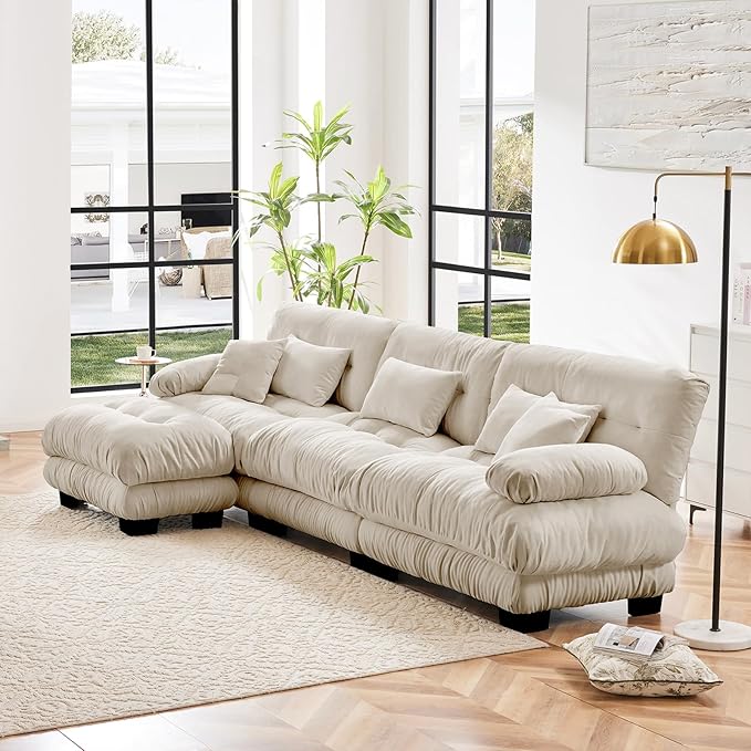 133.8" Oversized Couch, 3 Seater Modular Sectional Sofa, Beige Large L Shaped Sectional Couches for Living Room, Fluffy Couch Set, 3 Seater, Velvet Cloud Couches with Ottoman, Sofas for Living Room