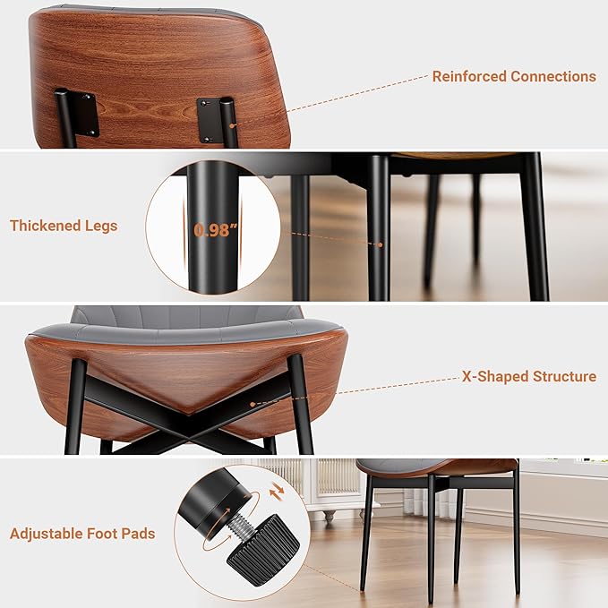 Dining Chairs Set of 8, Dining Room and Kitchen Chairs, Mid Century Modern Accent Chair, Upholstered PU Leather Chairs for Vanity with Walnut Bentwood and Metal Legs, Gray