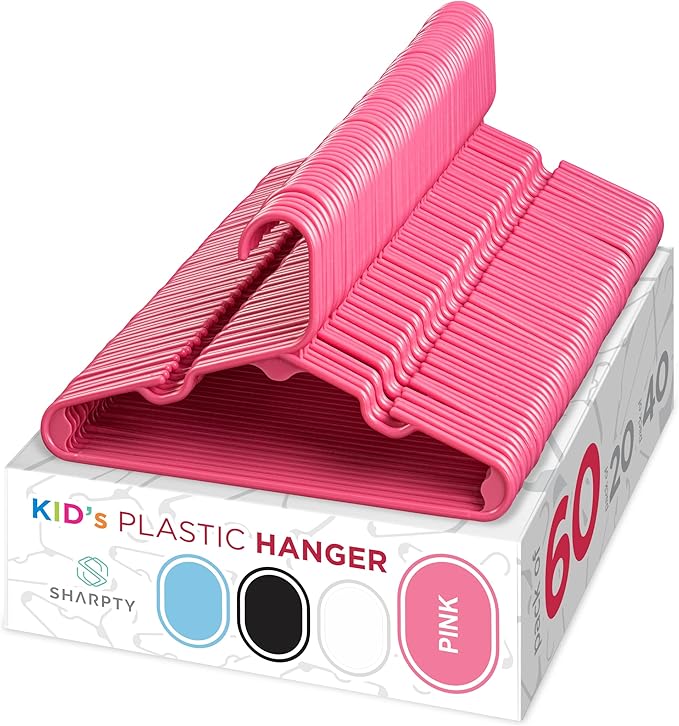 Sharpty Kids Plastic Hangers, Children's Hangers for Baby, Toddler, and Child Clothes - Everyday Standard Use - Ideal for Boys and Girls Closet, Clothing, Pants, Coats, and More - Pink, 60 Pack