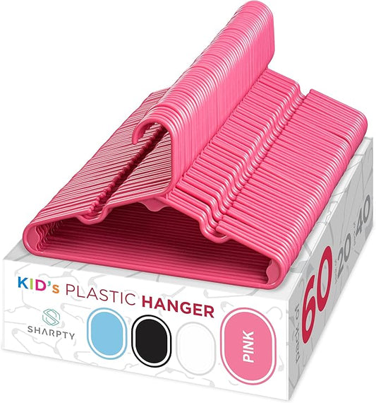 Sharpty Kids Plastic Hangers, Children's Hangers for Baby, Toddler, and Child Clothes - Everyday Standard Use - Ideal for Boys and Girls Closet, Clothing, Pants, Coats, and More - Pink, 60 Pack