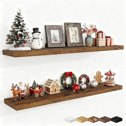 Fun Memories 48 Inch Deep Floating Shelves for Wall, 2 Pack of Long Wall Mounted Wood Shelves with Invisible Brackets for Bathroom, Bedroom, Living Room, Kitchen Decor and Storage, Brown