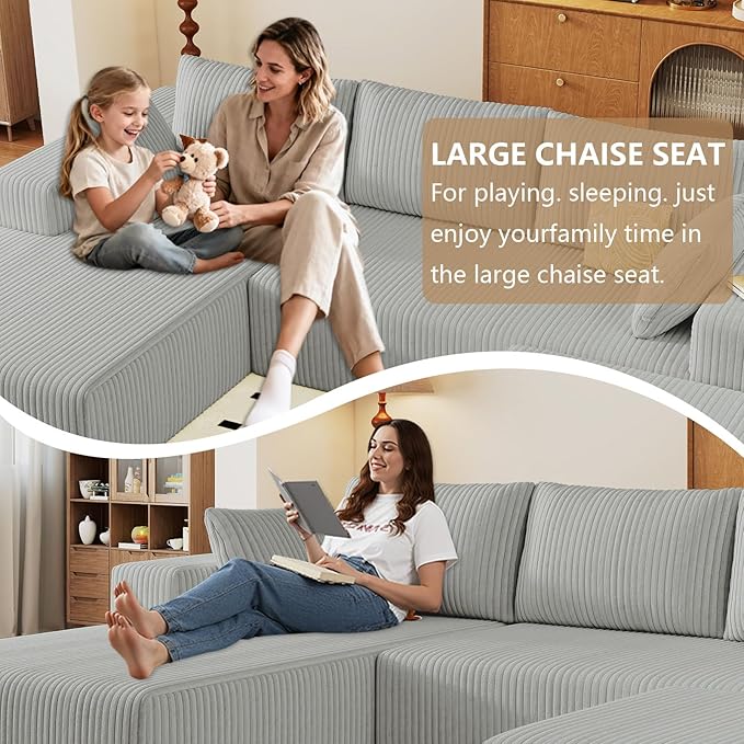 96" U-Shape Cloud Couch, Modern Modular Sectional L-Shape Sofa with Ottoman, Corduroy Upholstered Couches Deep Seat Chaise Longue for Living Room, No Assembly Required(Light Gray, Left Facing)
