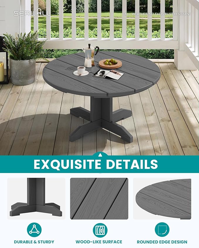 SERWALL 5-Piece Outdoor Round Coffee Table Set - 1 Table & 4 Adirondack Chairs with Cup Holders (Gray)