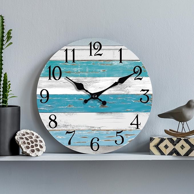 Wall Clock Battery Operated 12 Inch Outdoor Beach Style Blue Coastal Retro Silent Non Ticking Decorative for Bathroom Kitchen Living Room Bedroom