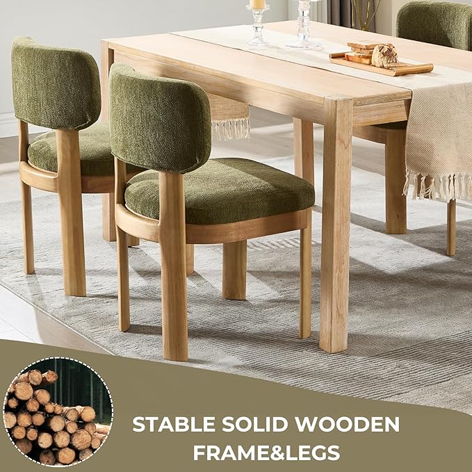 Green Upholstered Dining Chairs Set of 2 Chenille Fabric Dining Room Chairs Modern Barrel Kitchen Chairs with Curved Backrest and Wooden Legs