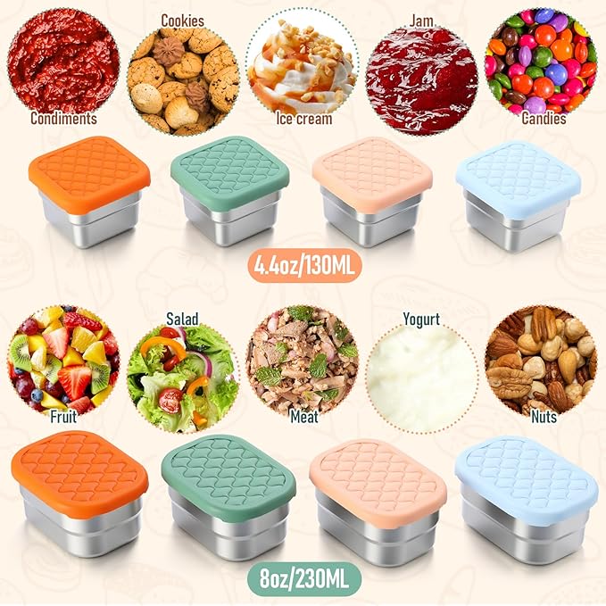8 Pcs Stainless Steel Snack Containers 8oz & 4oz Easy Open Leak Proof Food Containers with Silicone Lids Reusable 304 Metal Food Box for School Home Picnic (Macaron)