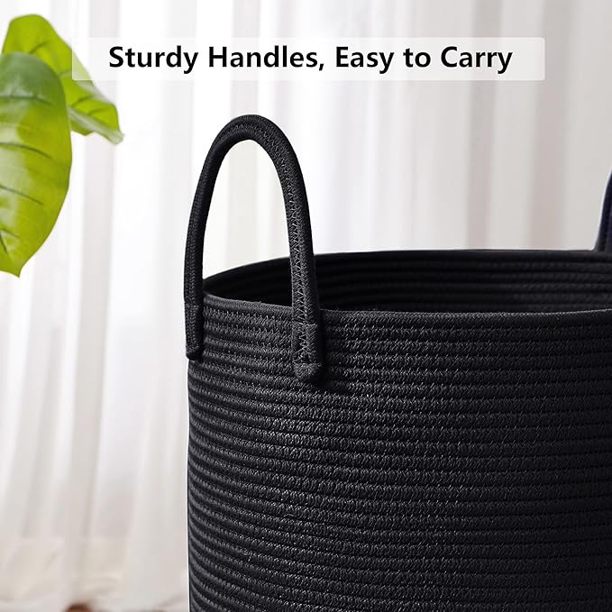 62L Black Woven Rope Hamper Laundry Basket for Clothes Tall Modern Blanket Storage Basket in Living Room Bedroom