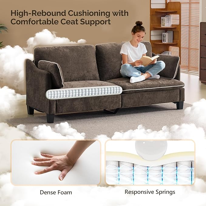 VINGLI 84" W Oversized Comfy Two Seat Love Seat, 37" Extra Deep Seat Piping Design Loveseat Couch with Two Pillows, Linen Fabric Modern Small Sofa for Small Living Room, Bedroom, Brown