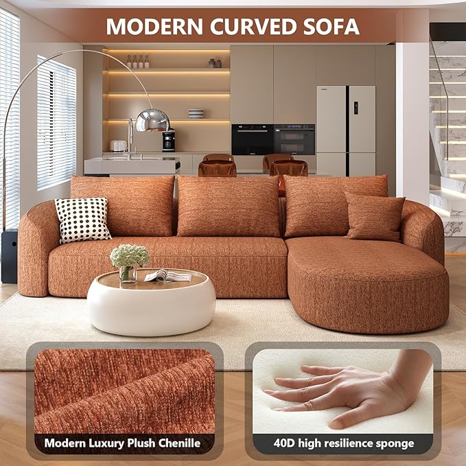 111" Modular Sectional Couches Luxury Modern Curved Back Sofa,Minimalist Comfy L-Shape Boneless Cloud Couch for Living Room Apartment,(Right Facing Chaise,Orange)