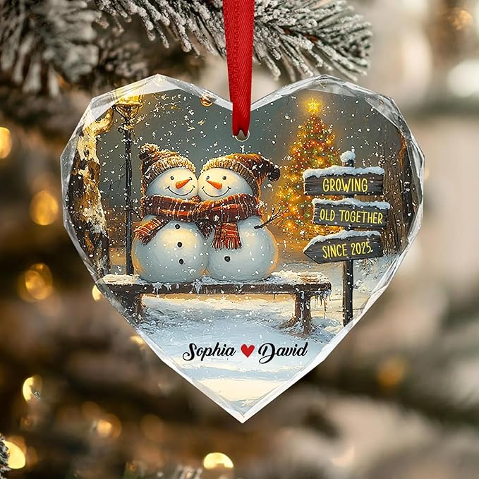 NAZENTI Personalized Snowman Couple Ornament 2025, Custom Glass Christmas Ornaments with Names, Snowman Lovers Holiday Decoration, Romantic Gift for Couples Newlyweds Keepsake 04